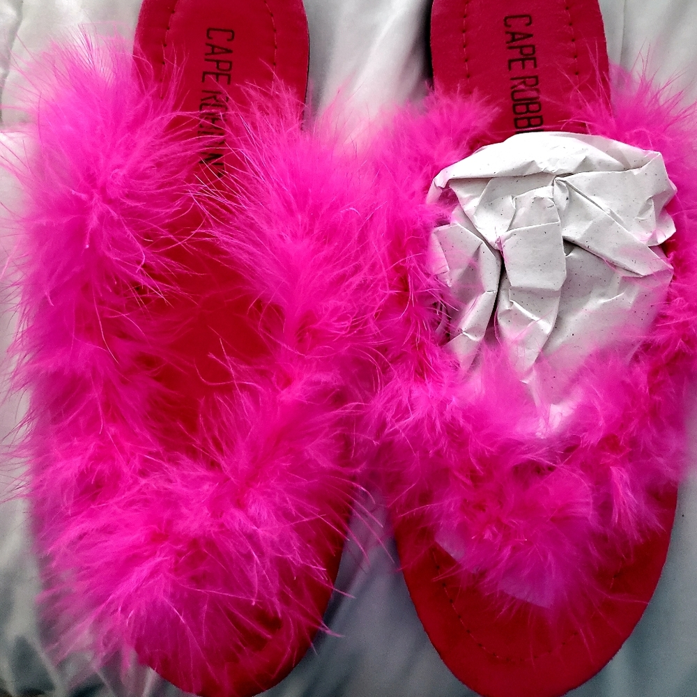 neon pink feather flip flops